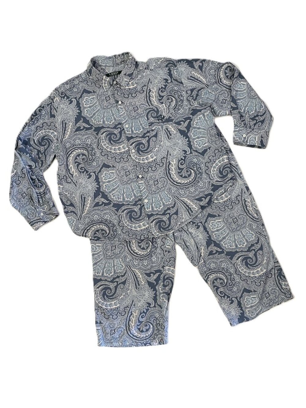 Lauren Ralph Lauren Pajama Set Sz XL Blue Paisley Long Sleeve Button Top Pants